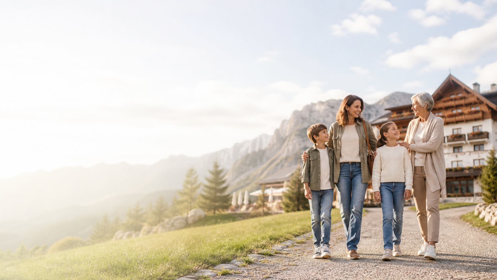 Mamma, due bambini e nonna in vacanza presso un hotel di montagna