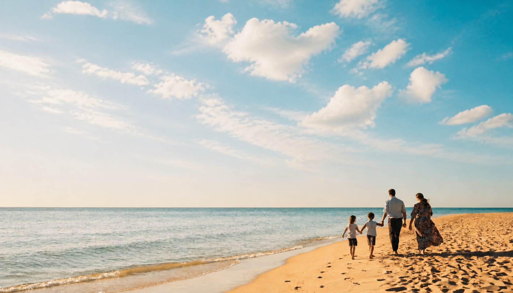 Famiglia felice in vacanza sulla spiaggia con cesta gastronomica ReRegalo nel cielo